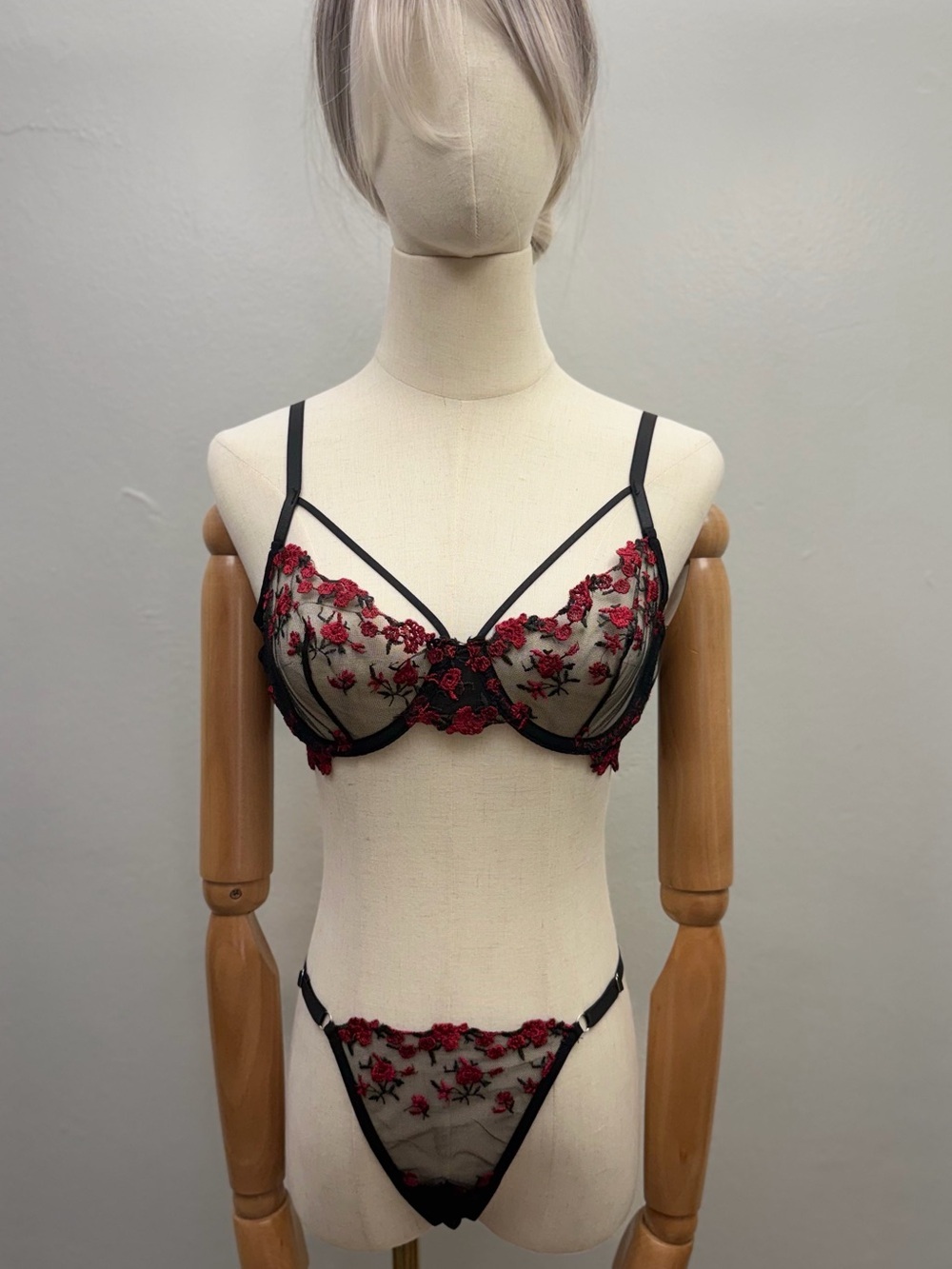 Sheer Floral Embroidered Bra & Thong Set - Black with Red Floral